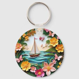 Chaveiro Cena da Natureza com Barco à Vela Quilled