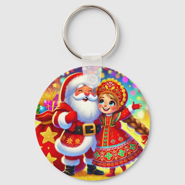 Chaveiro Cena de Natal alegre com Papais noeis (Frente)