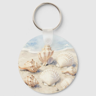 Chaveiro Cena de Praia de Conchas em Aquarela