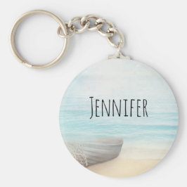 Chaveiro Cena de Praia Náutica com Rowboat e Rede de Pesca