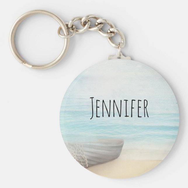 Chaveiro Cena de Praia Náutica com Rowboat e Rede de Pesca (Frente)