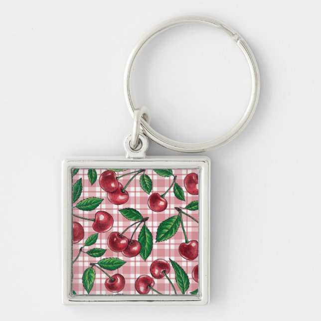 Chaveiro Cerejas vermelhas em gingham rosa (Frente)