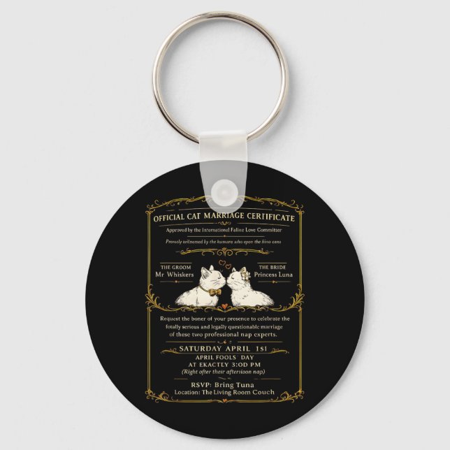 Chaveiro Certificado de Casamento de Gato Engraçado Item Ca (Frente)