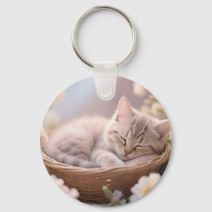 Chaveiro Cesto Floral de Gatinho Sonolento Sonhador