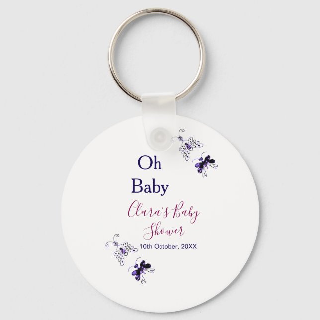 Chaveiro Chá de fraldas rosa-borboleta roxa oh bebê moderno (Frente)