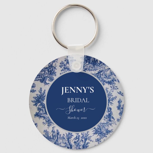Chaveiro Chá de Noiva Azul e Branco French Toile de Jouy (Frente)