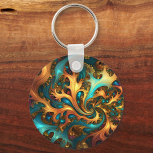 Chaveiro Chama de Cor: Teal, Dourada, dança Fractal Laranja
