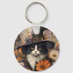 Chaveiro Chapéu de Bruxa de Gato Preto Vintage Floral de Ou