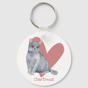 Chaveiro Chartreux Cat Watercolor Gatinho Coração Rosa