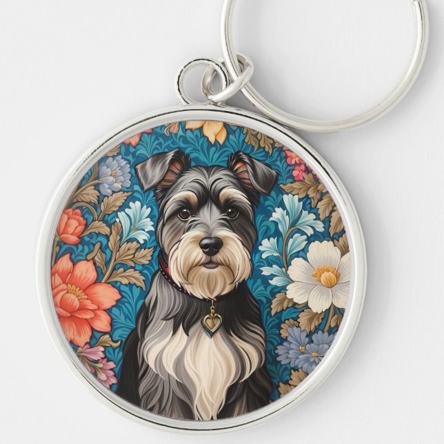 Chaveiro Cheerful Schnauzer William Morris Inspired Floral (Frente)