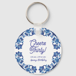 Chaveiro Cheers thirty birthday royal blue floral border na