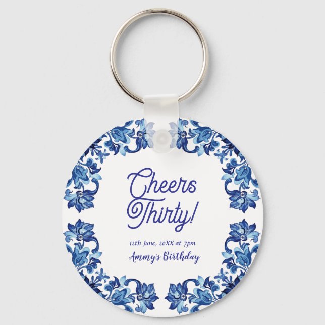 Chaveiro Cheers thirty birthday royal blue floral border na (Frente)
