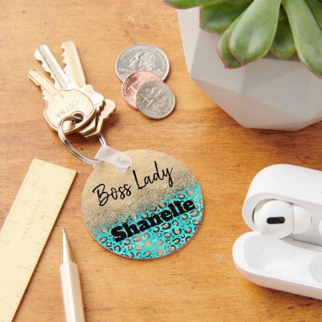 Chaveiro Chefe Lady Glittery Turquoise Leopard Personalizad (Mesa)