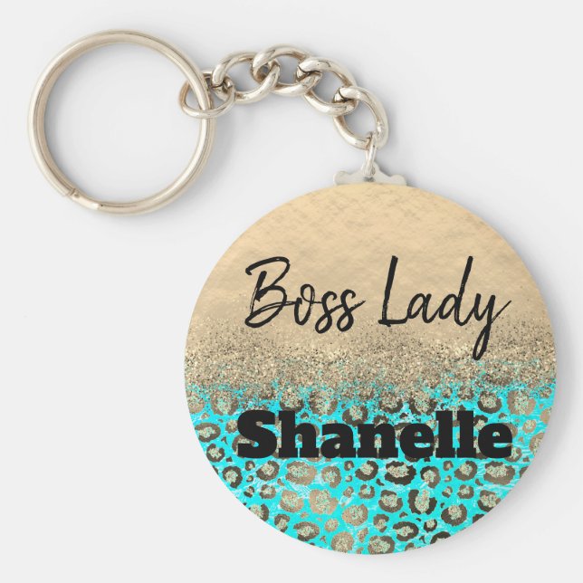 Chaveiro Chefe Lady Glittery Turquoise Leopard Personalizad (Frente)