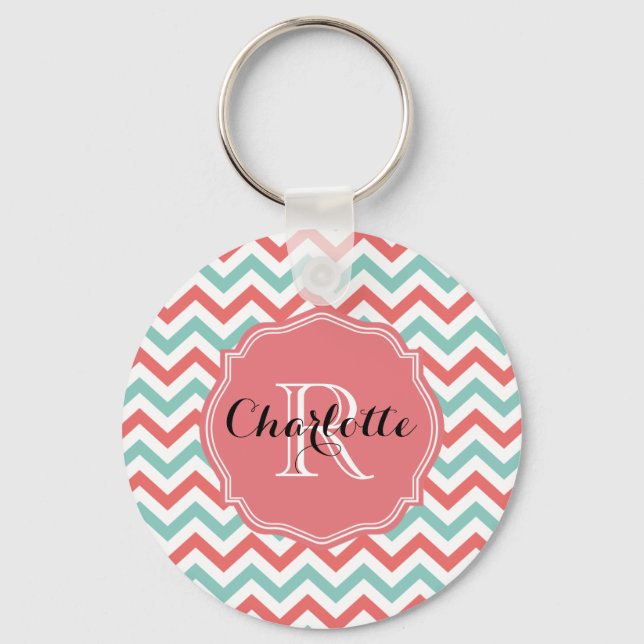 Chaveiro Chevron Coral e Aqua Nome Personalizado (Frente)