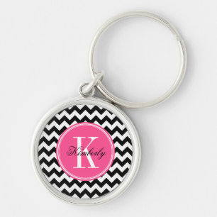 Chaveiro Chevron preto e branco com monograma cor-de-rosa