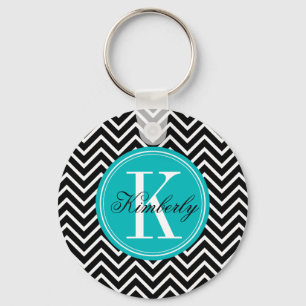 Chaveiro Chevron preto e branco com monograma da cerceta