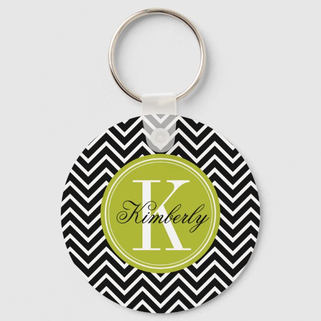 Chaveiro Chevron preto e branco com monograma de Verde limã (Frente)