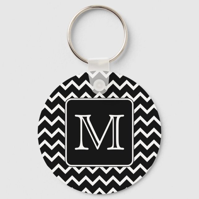 Chaveiro Chevron Preto e Branco com Monograma Personalizado (Frente)