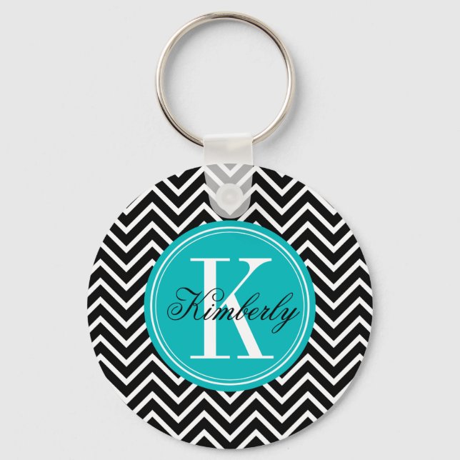 Chaveiro Chevron Preto e Branco com Monograma Teal (Frente)