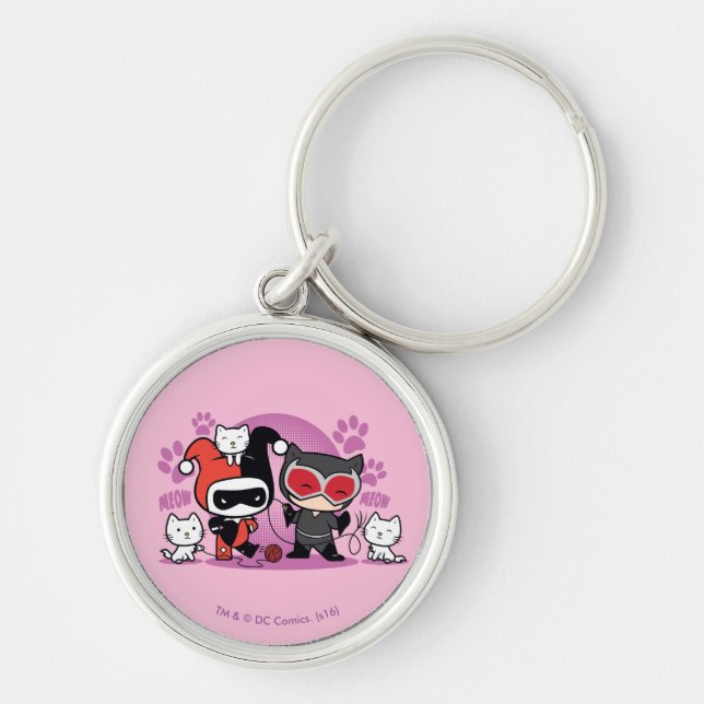 Chaveiro Chibi Harley Quinn & Chibi Catman Com Gatos (Frente)