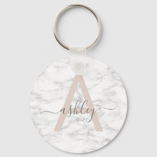 Chaveiro Chic Blush White Marble Script Name Monogramo