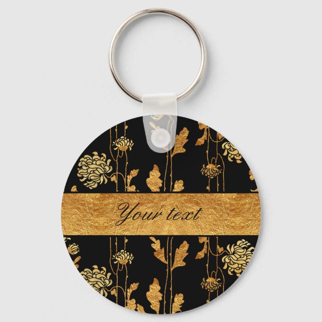 Chaveiro Chic Faux Gold Foil Flowers on Black (Frente)