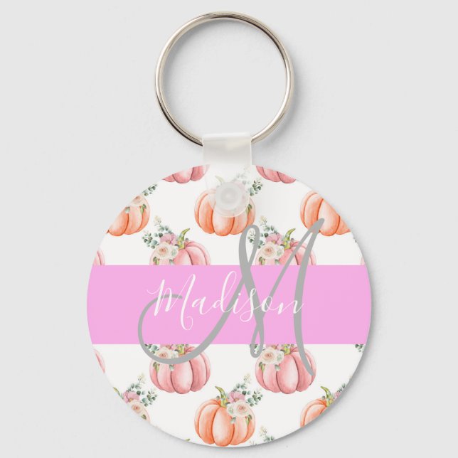 Chaveiro Chic Floral White Pink Pêssego Pumpkin Monograma N (Frente)
