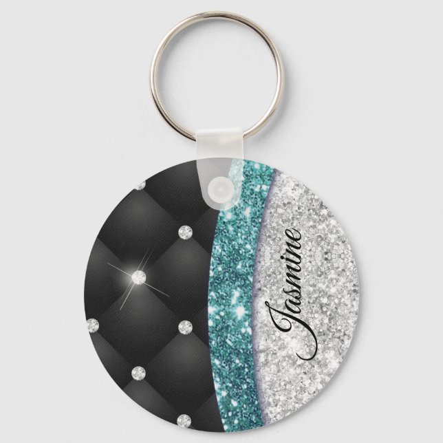 Chaveiro Chic girly faux Silver glitter black teal monogram (Frente)
