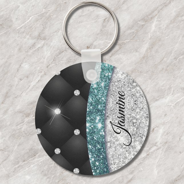 Chaveiro Chic girly faux Silver glitter black teal monogram (Criador carregado)