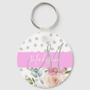 Chaveiro Chic & Girly Floral Branco Rosa Cinza Monograma No