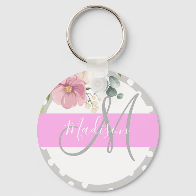 Chaveiro Chic & Girly Floral White Pink Cinza Monograma Nom (Frente)