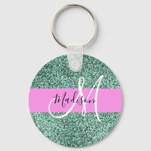 Chaveiro Chic Glam Pink Green Glitter Sparkle Name Monogram