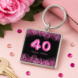 Chaveiro Chic Glitter Rosa Preto Aniversário de 40 anos