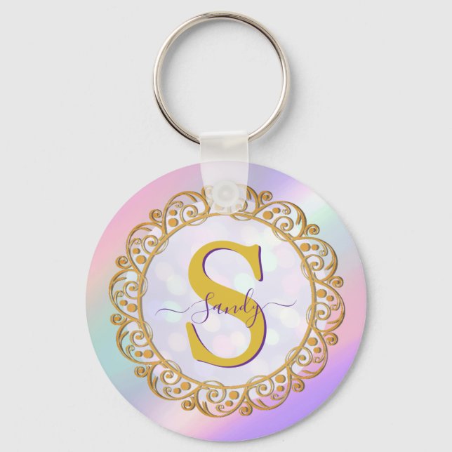 Chaveiro Chic Iridescent Initial With Gold Scrollwork (Frente)