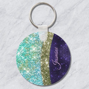 Chaveiro Chic iridescent purple blue faux glitter monogram