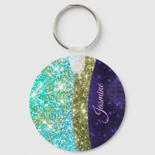 Chaveiro Chic iridescent purple blue faux glitter monogram