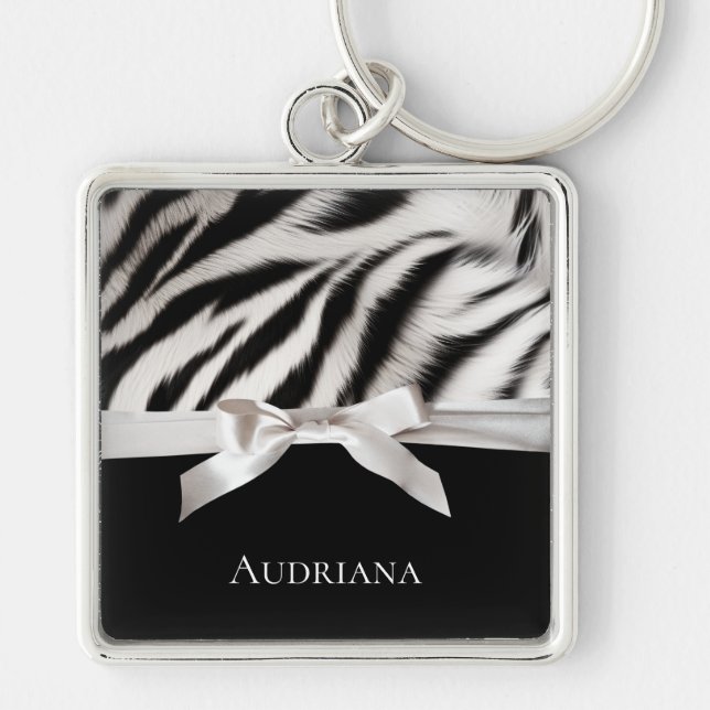 Chaveiro Chic Preto Branco Estampa de Zebra Laço (Frente)