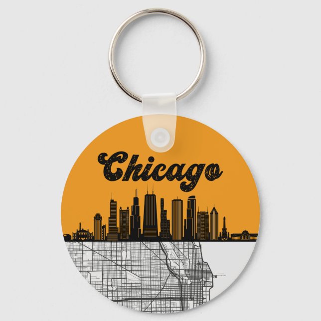 Chaveiro Chicago Illinois City Skyline with Map (Frente)