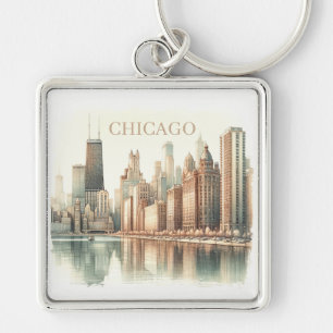 Chaveiro Chicago Skyline Aquarela Marco Personalizado