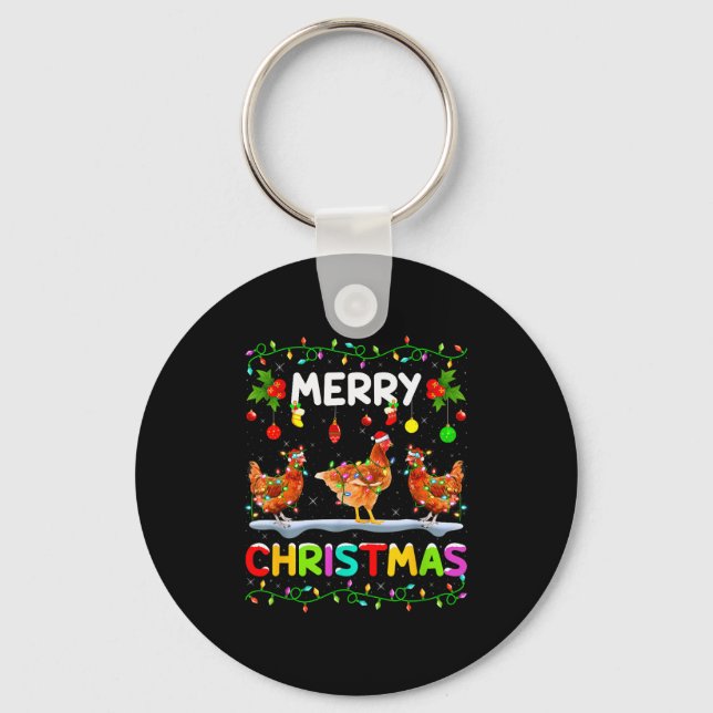 Chaveiro Chicken Merry Christmas Lights Santa Hat Funny Chi (Frente)