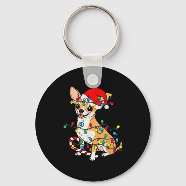 Chaveiro Chihuahua Dog Christmas Lights Santa Xmas Pet Dog  (Frente)