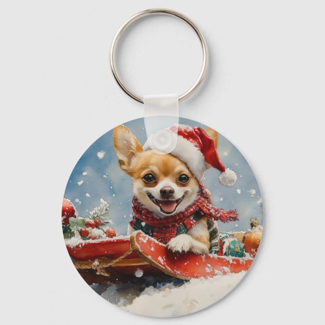 Chaveiro Chihuahua Dog Sledge Deixe-o nevar no Natal (Frente)