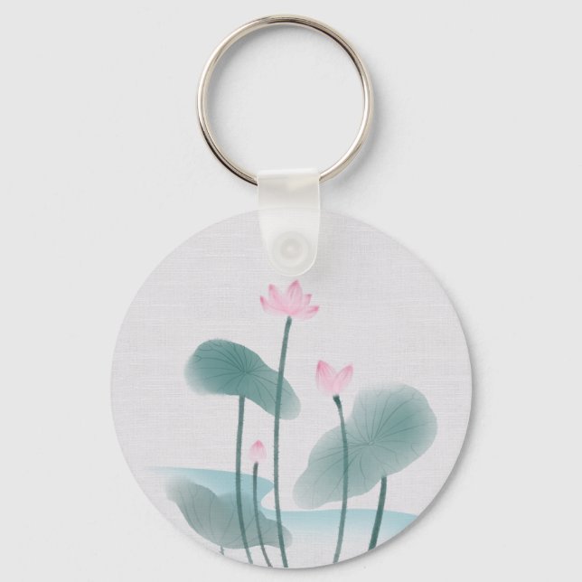 Chaveiro Chinoiserie Chinesa Ink Lash Pintura Lotus Floral (Frente)