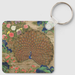 Chaveiro Chinoiserie Pavão Azul com Jardim de Flores Exótic