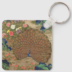 Chaveiro Chinoiserie Pavão Azul com Jardim de Flores Exótic