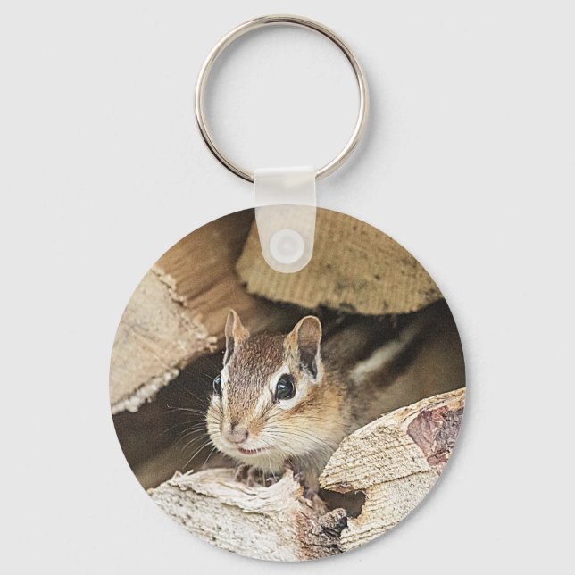 Chaveiro Chipmunk numa pilha de madeira (Frente)