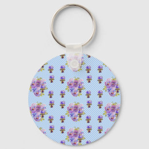 Chaveiro Chique Pansy Floral Blue Gingham Checks