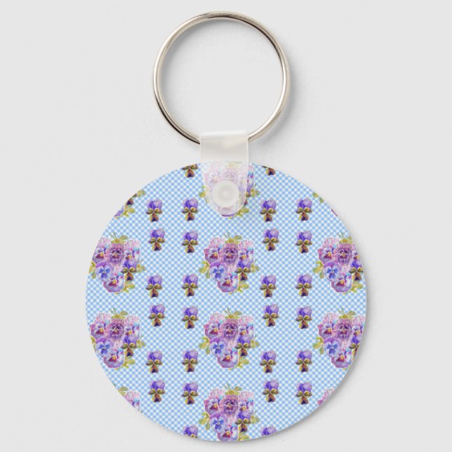 Chaveiro Chique Pansy Floral Blue Gingham Checks (Frente)