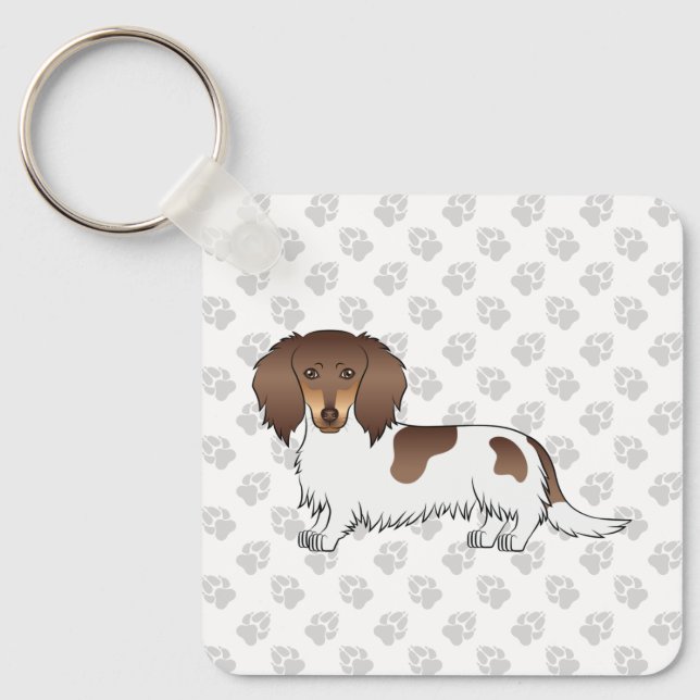 Chaveiro Chocolate & Tan Piebald Longa Dachshund & Paws (Frente)